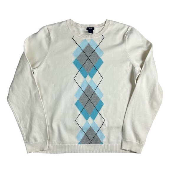 Vintage IZOD Women's Crewneck Argyle Golf Sweater  Size XL  Ivory & Blue  Preppy - Picture 1 of 10